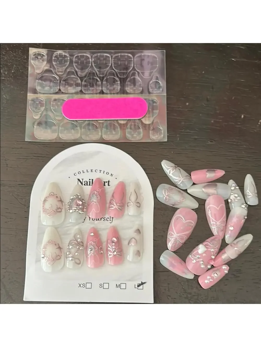 Pink and White Nail Art Set with Rhinestones